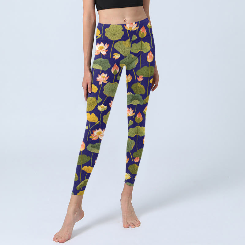 Buddha Stones, blühende rosa weiße Lotusblüte, Lotusblätter, Musterdruck, Gym-Leggings, Damen-Yogahose - image 5