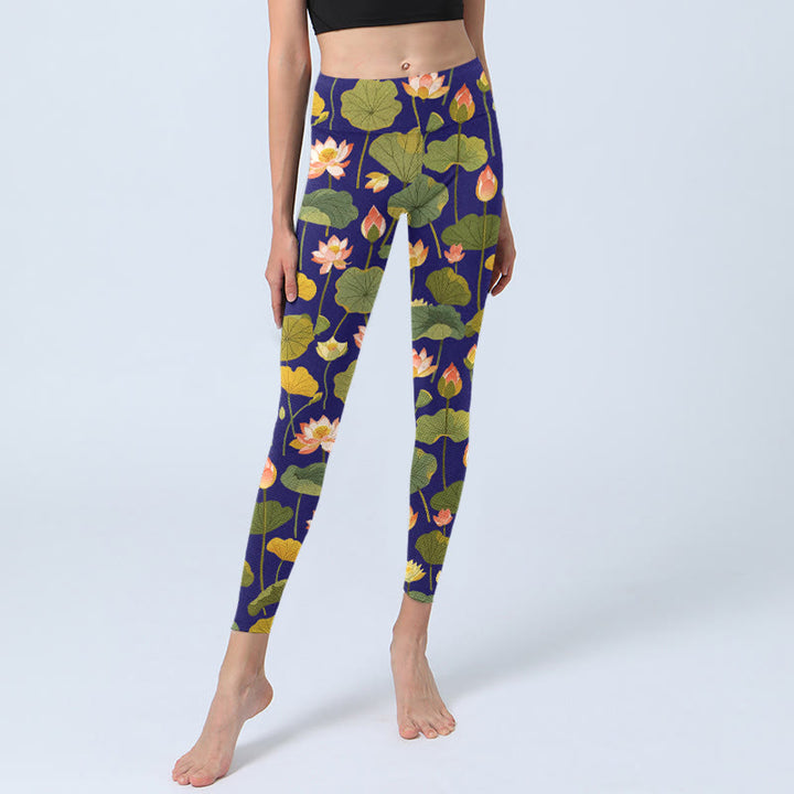 Buddha Stones, blühende rosa weiße Lotusblüte, Lotusblätter, Musterdruck, Gym-Leggings, Damen-Yogahose - image 5