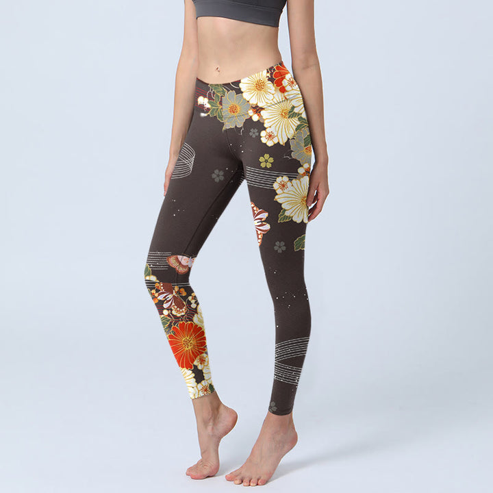 Buddha Stones Blumen Schmetterling Muster Druck Gym Leggings Damen Yoga Hose - Sattelbraun - US18， UK/AU22，EU50 (4XL) - image 1