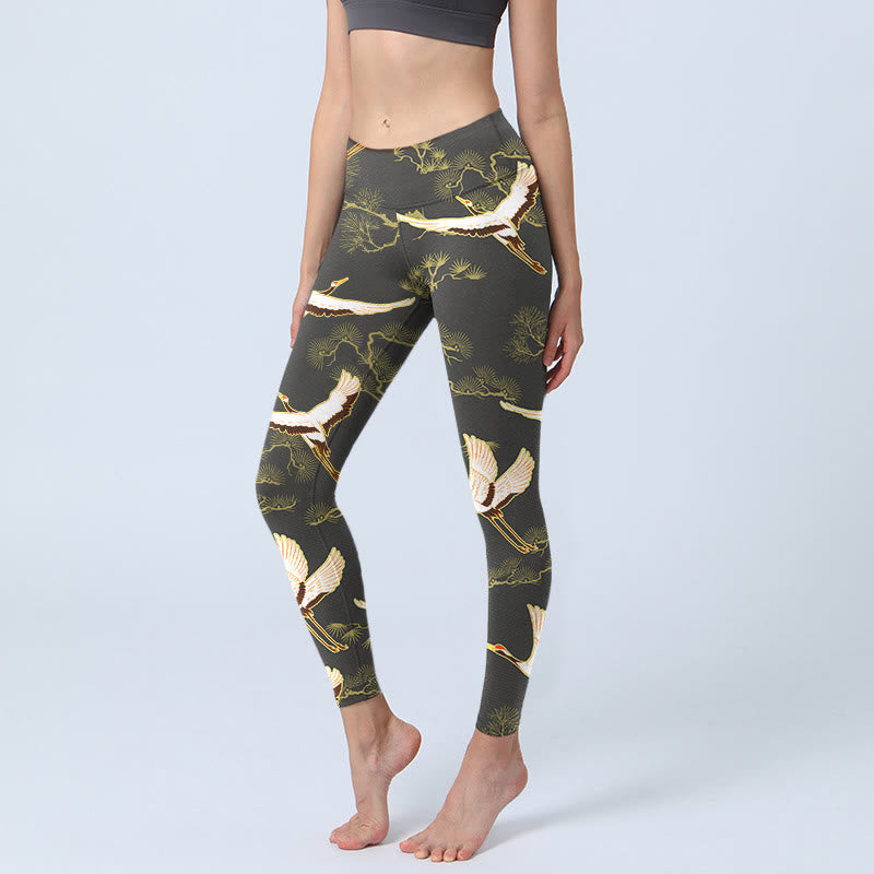 Buddha Stones Soaring Crane Kiefer Tree Musterdruck Gym Leggings Damen Yogahose - Schwarz - US18， UK/AU22，EU50 (4XL) - image 1