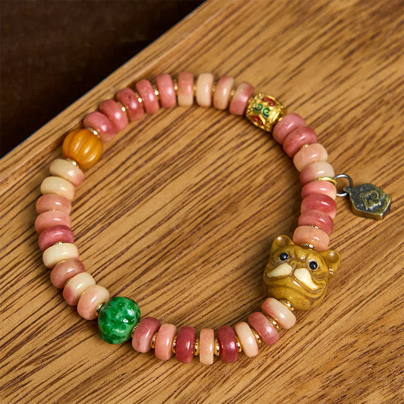 Buddha Stones Natürliches tibetisches Kamelknochen-Armband mit violetten Blutperlen und Mops-Glücksbringer