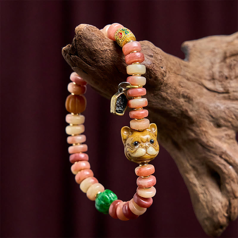 Buddha Stones Natürliches tibetisches Kamelknochen-Armband mit violetten Blutperlen und Mops-Glücksbringer