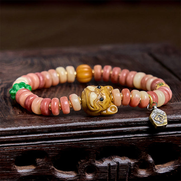 Buddha Stones Natürliches tibetisches Kamelknochen-Armband mit violetten Blutperlen und Mops-Glücksbringer