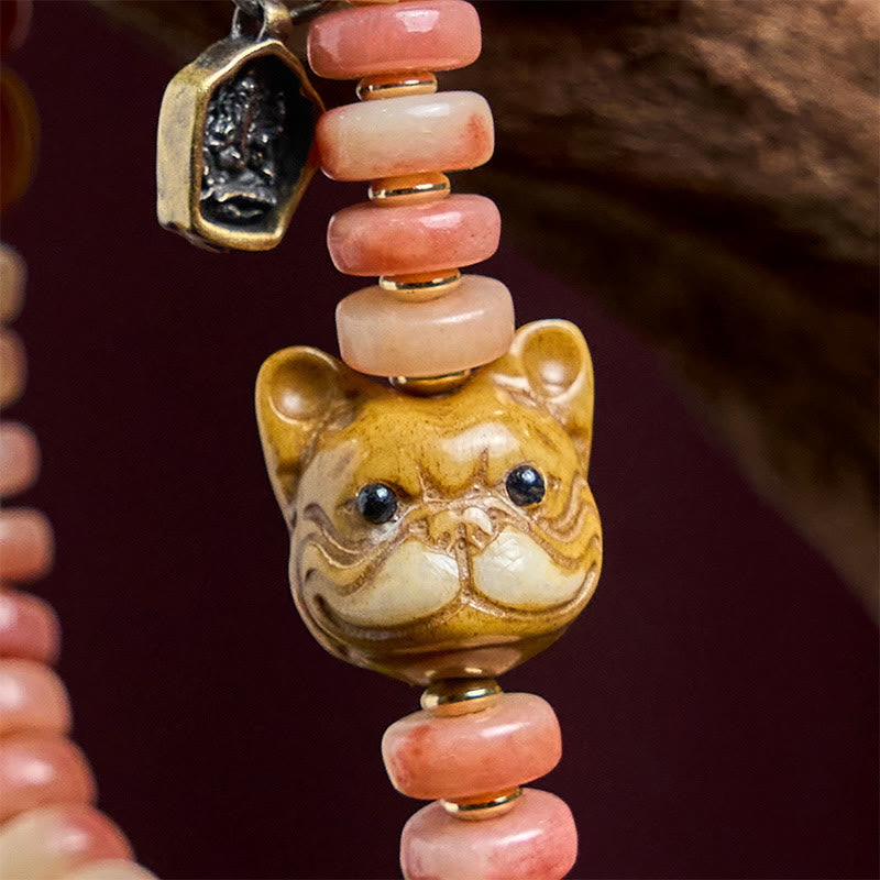 Buddha Stones Natürliches tibetisches Kamelknochen-Armband mit violetten Blutperlen und Mops-Glücksbringer