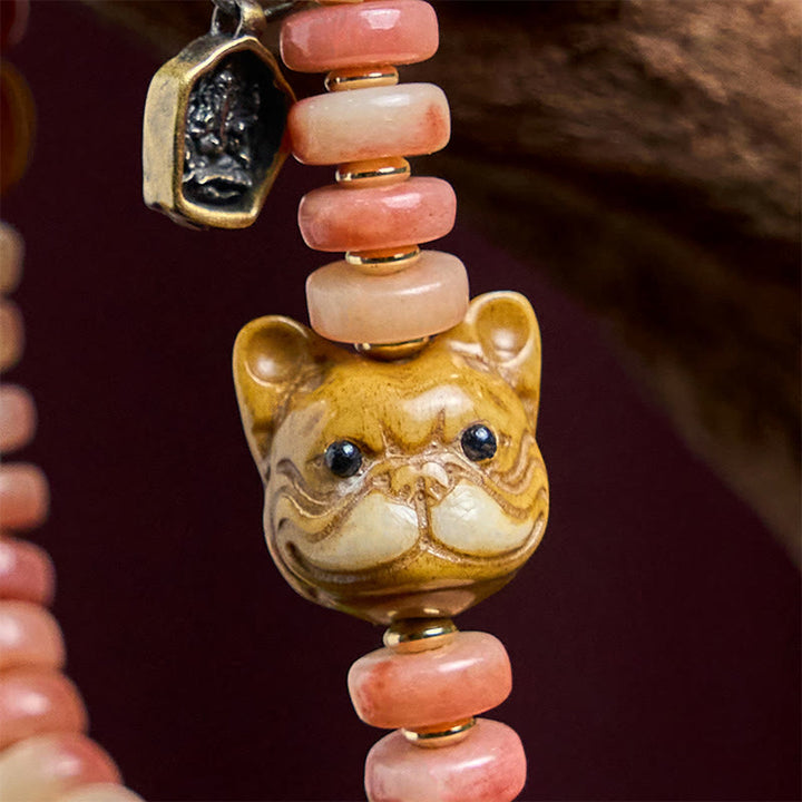 Buddha Stones Natürliches tibetisches Kamelknochen-Armband mit violetten Blutperlen und Mops-Glücksbringer