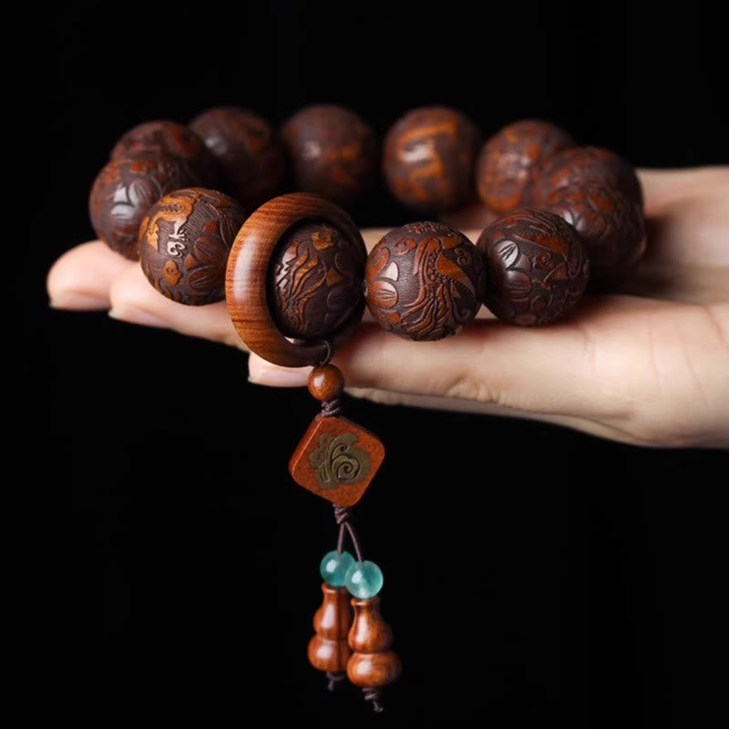 Buddha Stones Natürliche Schnitzerei Drache und Phönix Fu Charakter Kürbis Rosenholz Perlen Wärme Armband