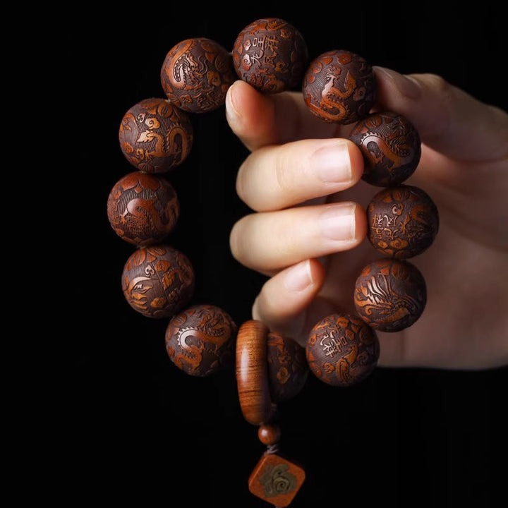 Buddha Stones Natürliche Schnitzerei Drache und Phönix Fu Charakter Kürbis Rosenholz Perlen Wärme Armband