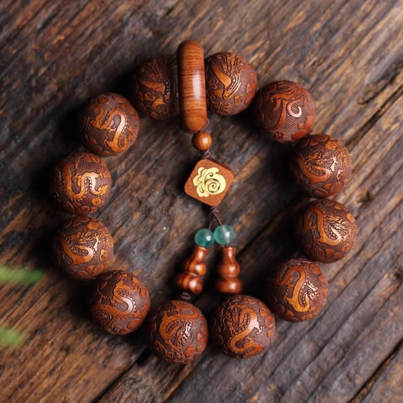 Buddha Stones Natürliche Schnitzerei Drache und Phönix Fu Charakter Kürbis Rosenholz Perlen Wärme Armband