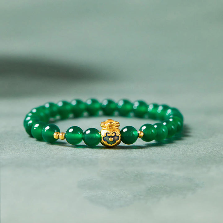 Buddha Stones 999 Sterling Silber Glückstasche Grüner Chalcedon Ruhearmband