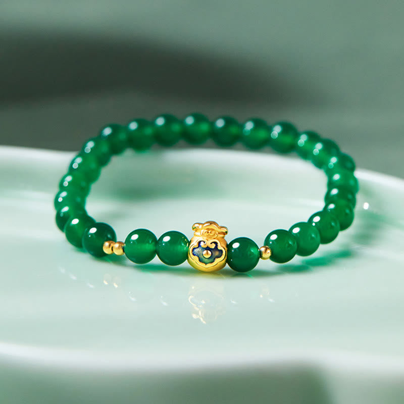 Buddha Stones 999 Sterling Silber Glückstasche Grüner Chalcedon Ruhearmband