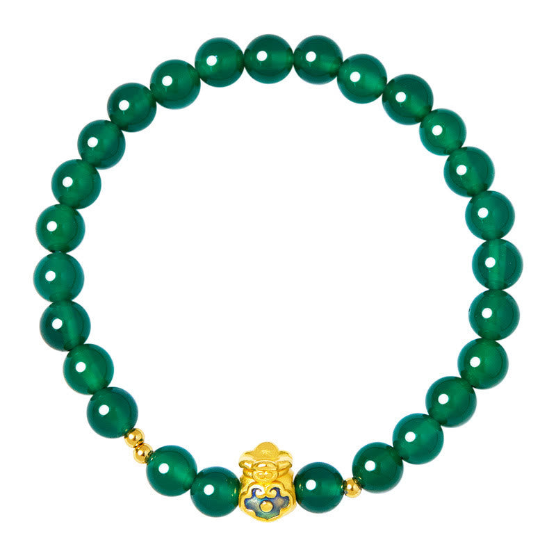 Buddha Stones 999 Sterling Silber Glückstasche Grüner Chalcedon Ruhearmband