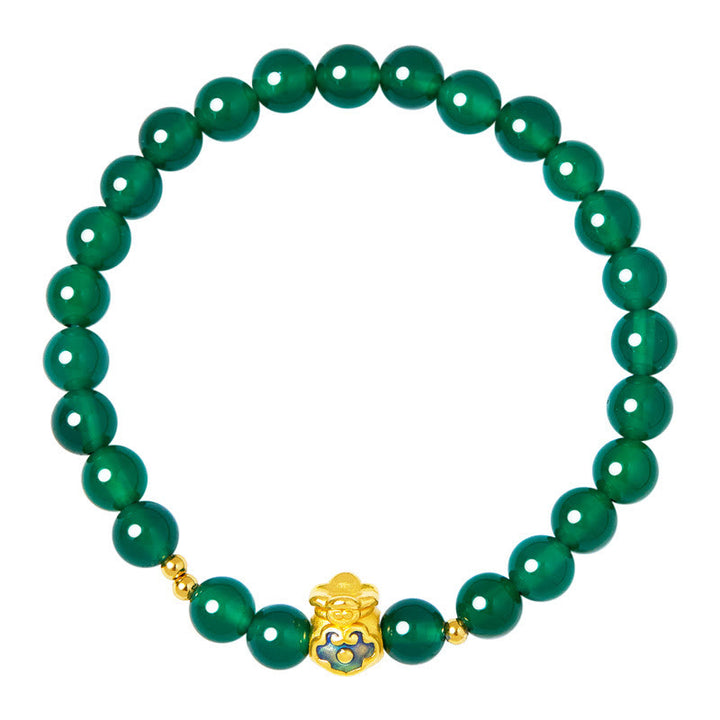 Buddha Stones 999 Sterling Silber Glückstasche Grüner Chalcedon Ruhearmband