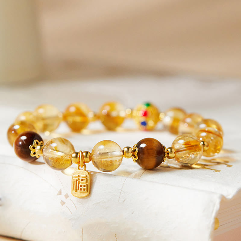 Buddha Stones 925 Sterling Silber Fu Charakter Citrin Tigerauge Schutzarmband