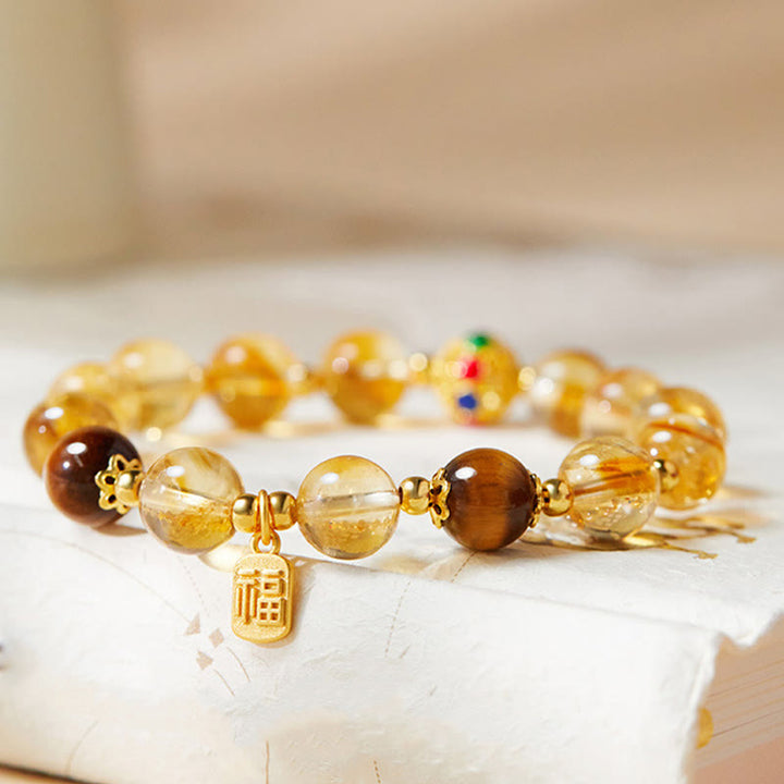 Buddha Stones 925 Sterling Silber Fu Charakter Citrin Tigerauge Schutzarmband