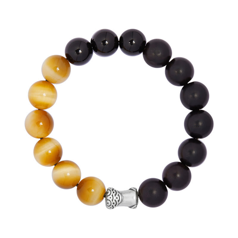 Buddha Stones 999 Sterling Silber Ebenholz Tigerauge Schwarzer Obsidian Relax Armband