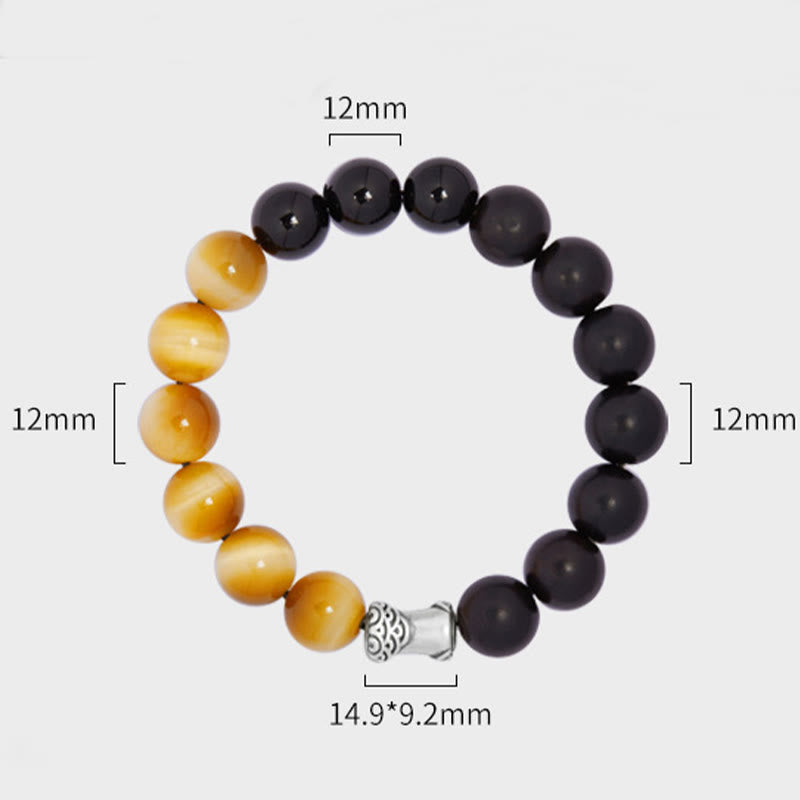 Buddha Stones 999 Sterling Silber Ebenholz Tigerauge Schwarzer Obsidian Relax Armband