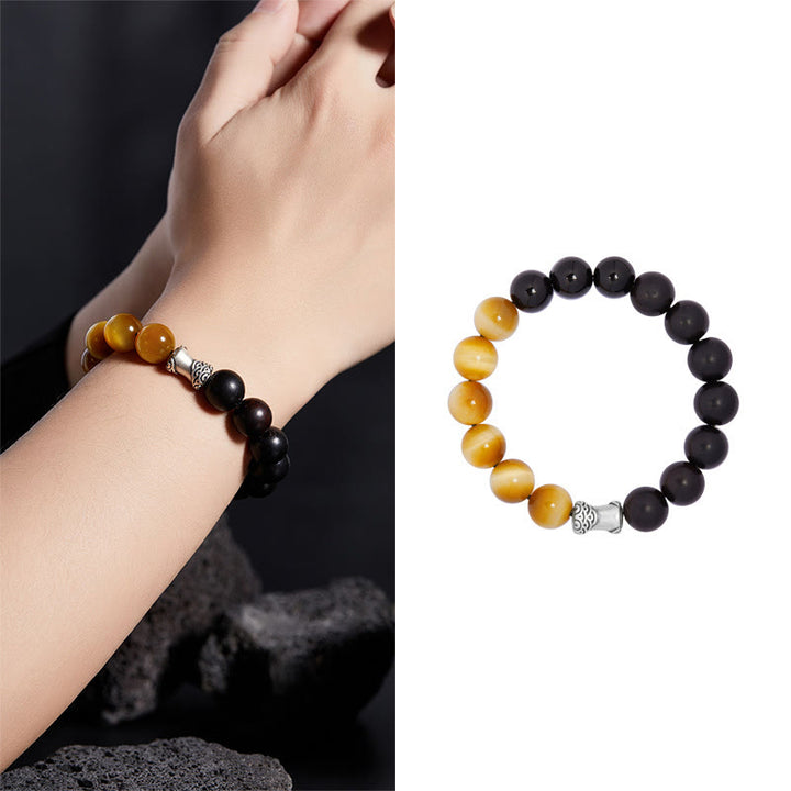 Buddha Stones 999 Sterling Silber Ebenholz Tigerauge Schwarzer Obsidian Relax Armband