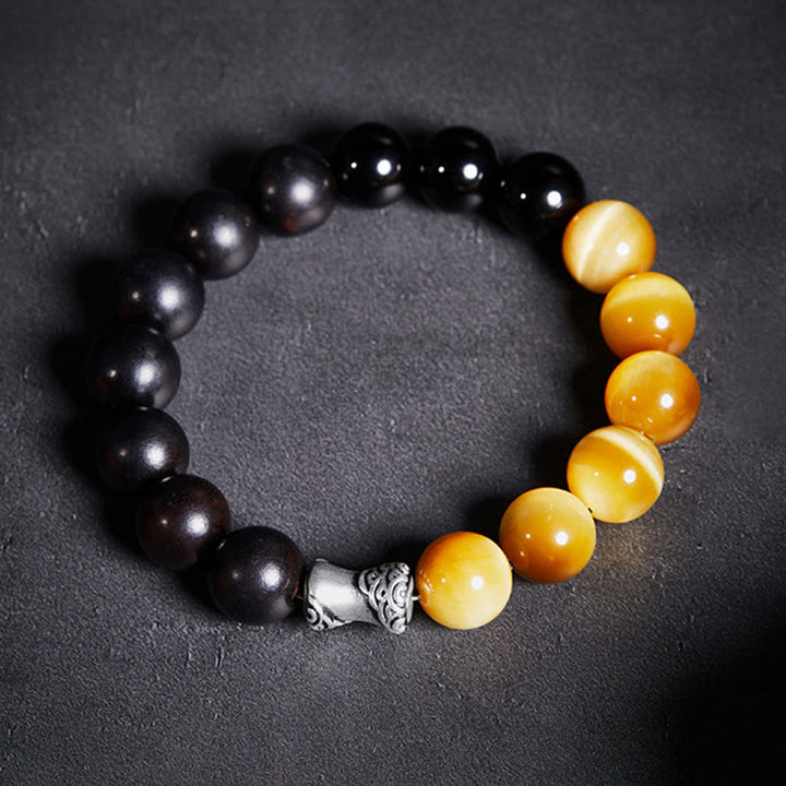Buddha Stones 999 Sterling Silber Ebenholz Tigerauge Schwarzer Obsidian Relax Armband