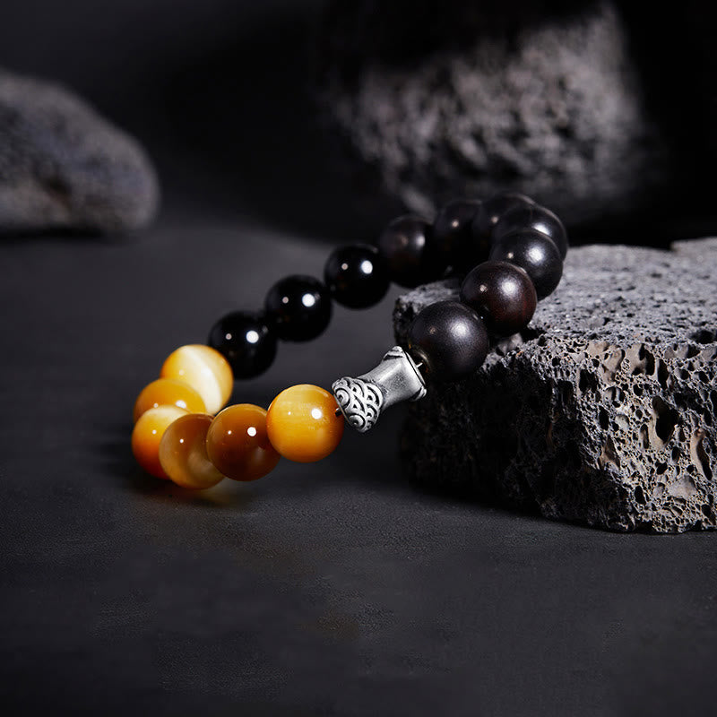 Buddha Stones 999 Sterling Silber Ebenholz Tigerauge Schwarzer Obsidian Relax Armband