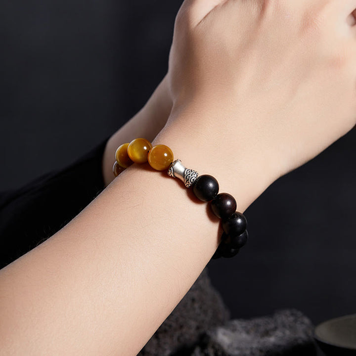 Buddha Stones 999 Sterling Silber Ebenholz Tigerauge Schwarzer Obsidian Relax Armband