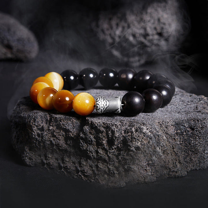 Buddha Stones 999 Sterling Silber Ebenholz Tigerauge Schwarzer Obsidian Relax Armband