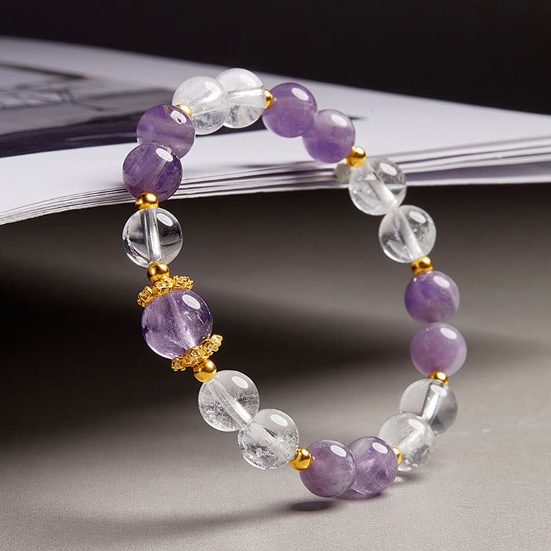 Buddha Stones 925 Sterling Silber Natürlicher Amethyst Weißer Kristall Balance Armband