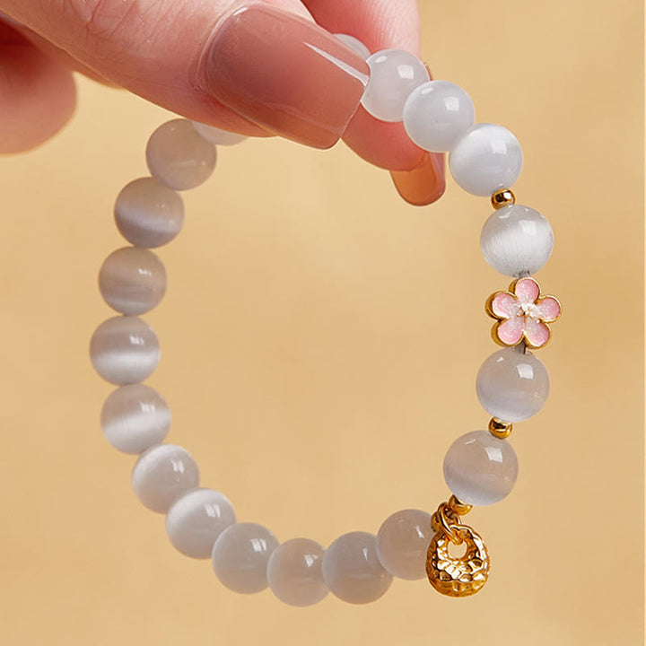 Buddha Stones 925 Sterling Silber Natürliche Pfirsichblüte Weißes Katzenauge Positives Armband