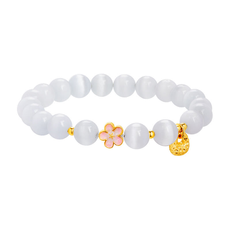 Buddha Stones 925 Sterling Silber Natürliche Pfirsichblüte Weißes Katzenauge Positives Armband