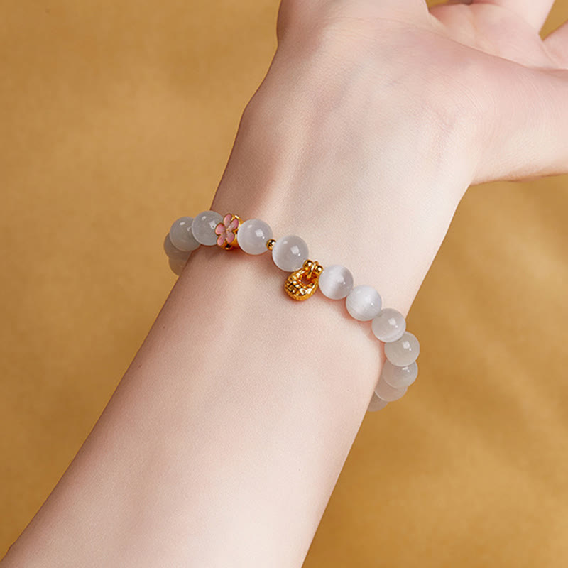 Buddha Stones 925 Sterling Silber Natürliche Pfirsichblüte Weißes Katzenauge Positives Armband