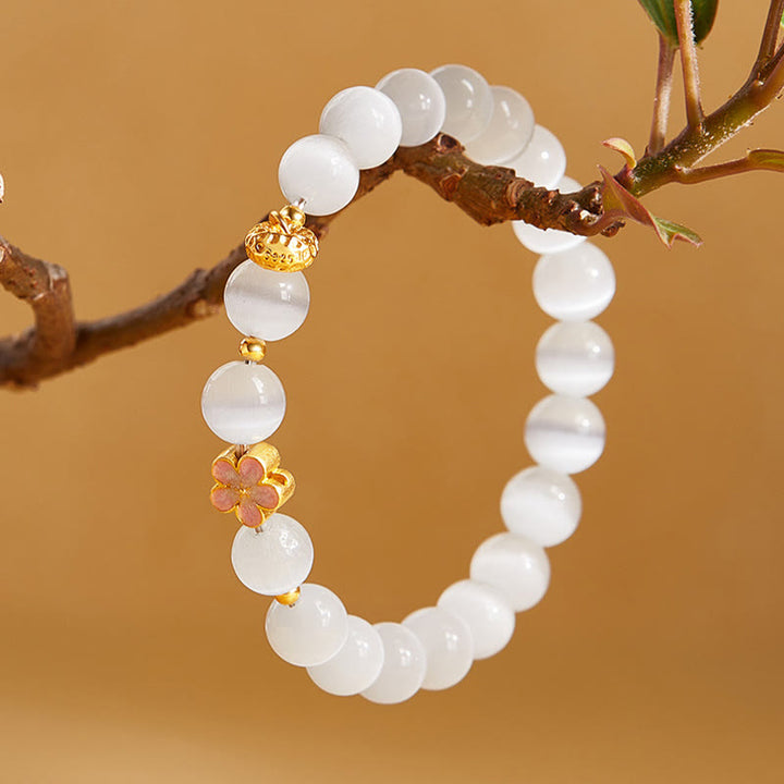 Buddha Stones 925 Sterling Silber Natürliche Pfirsichblüte Weißes Katzenauge Positives Armband