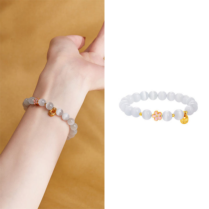 Buddha Stones 925 Sterling Silber Natürliche Pfirsichblüte Weißes Katzenauge Positives Armband