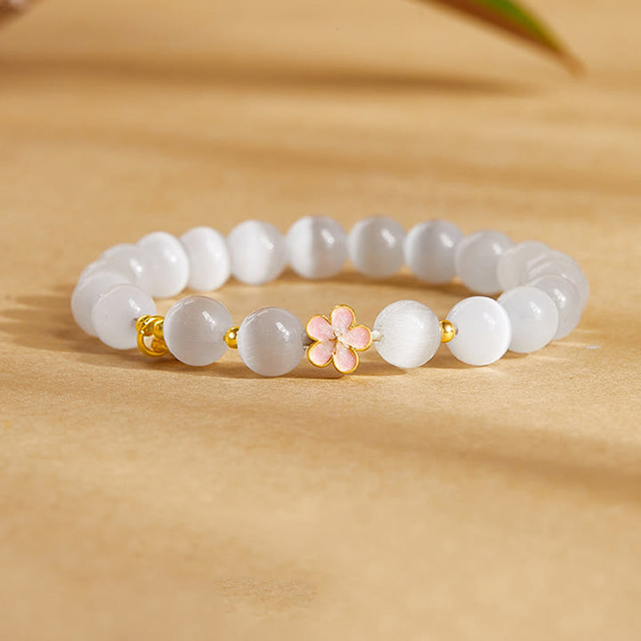 Buddha Stones 925 Sterling Silber Natürliche Pfirsichblüte Weißes Katzenauge Positives Armband