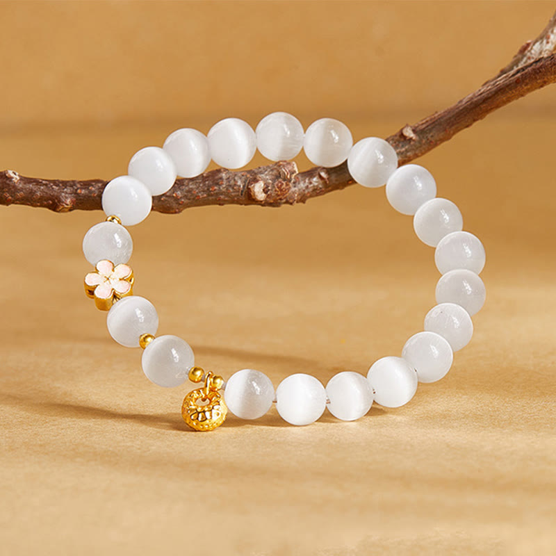 Buddha Stones 925 Sterling Silber Natürliche Pfirsichblüte Weißes Katzenauge Positives Armband