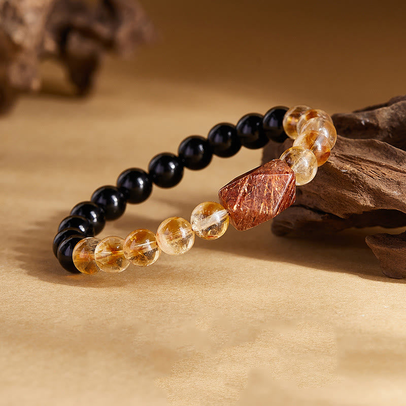 Buddha Stones Armband mit natürlicher schwarzer Obsidian- und Citrin-Kristallstärke „Super Seven“