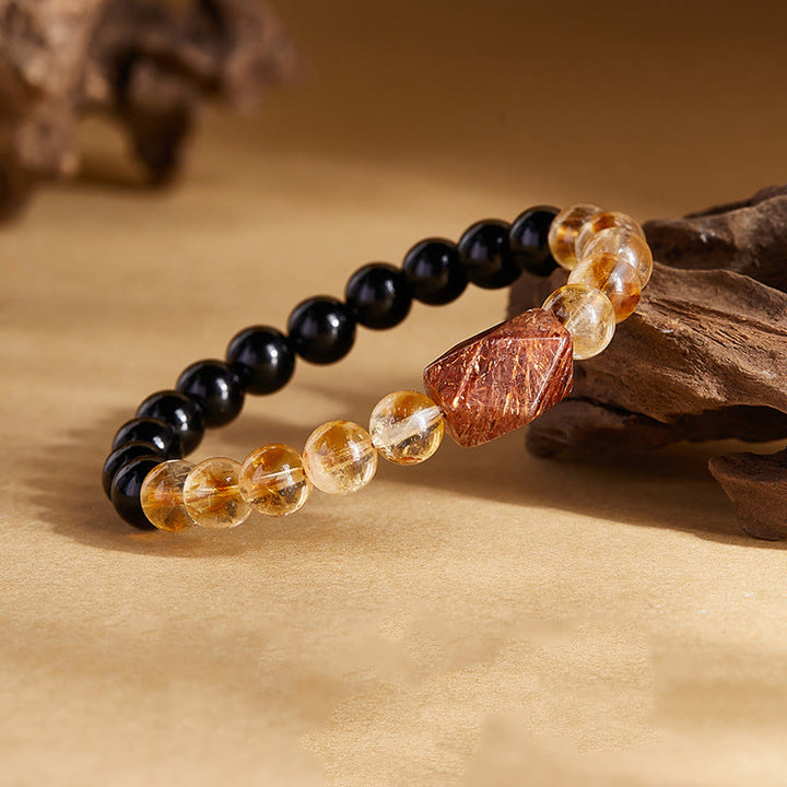 Buddha Stones Armband mit natürlicher schwarzer Obsidian- und Citrin-Kristallstärke „Super Seven“