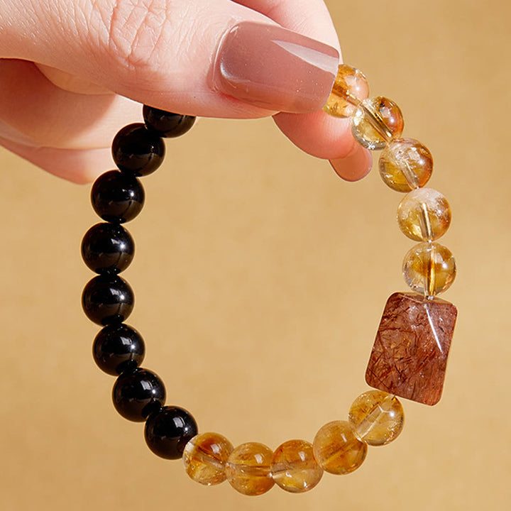 Buddha Stones Armband mit natürlicher schwarzer Obsidian- und Citrin-Kristallstärke „Super Seven“