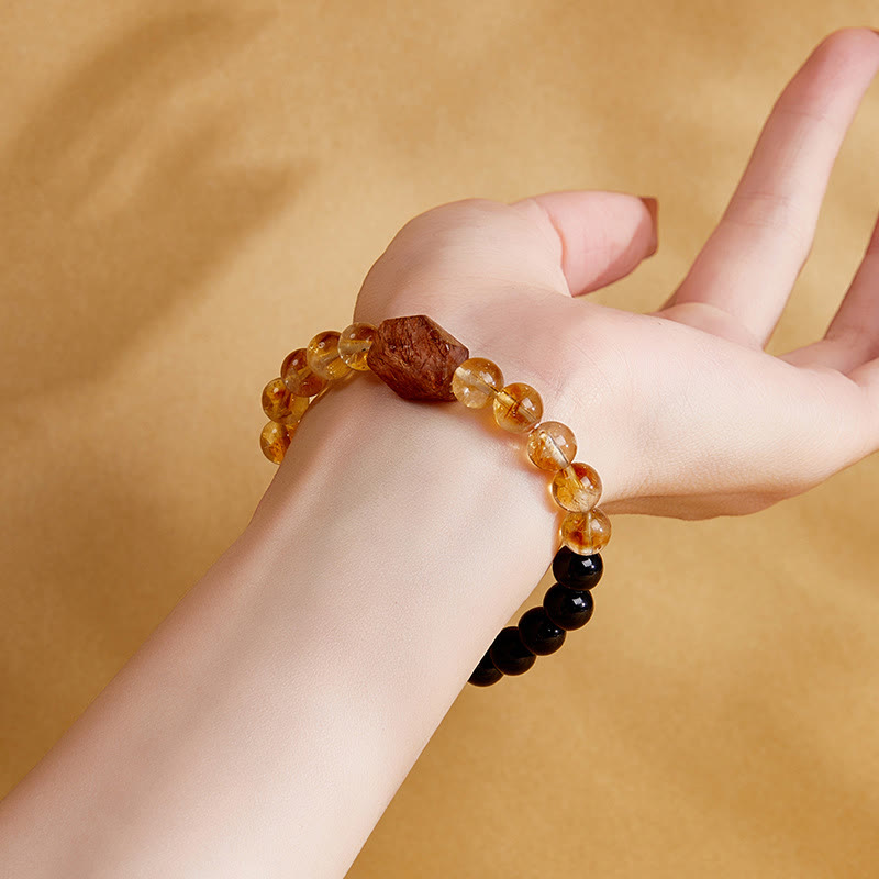 Buddha Stones Armband mit natürlicher schwarzer Obsidian- und Citrin-Kristallstärke „Super Seven“
