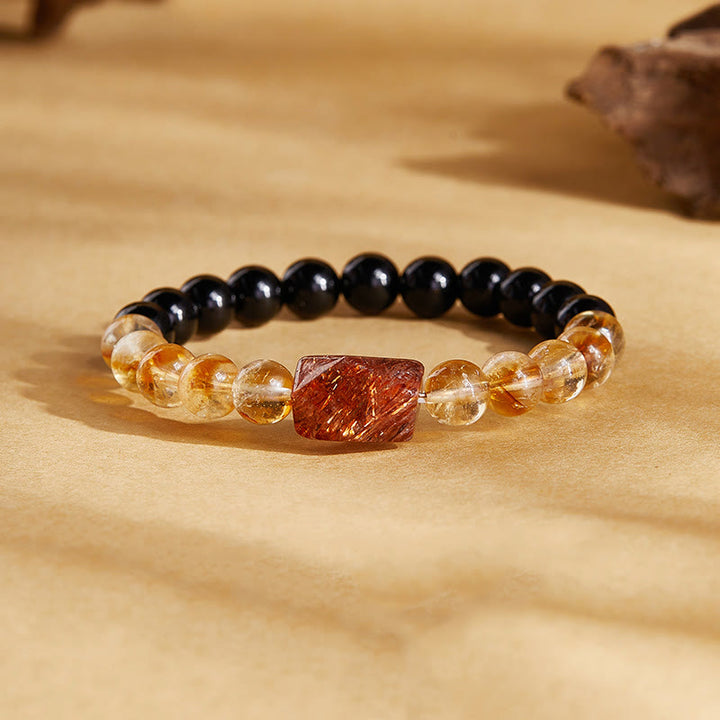 Buddha Stones Armband mit natürlicher schwarzer Obsidian- und Citrin-Kristallstärke „Super Seven“