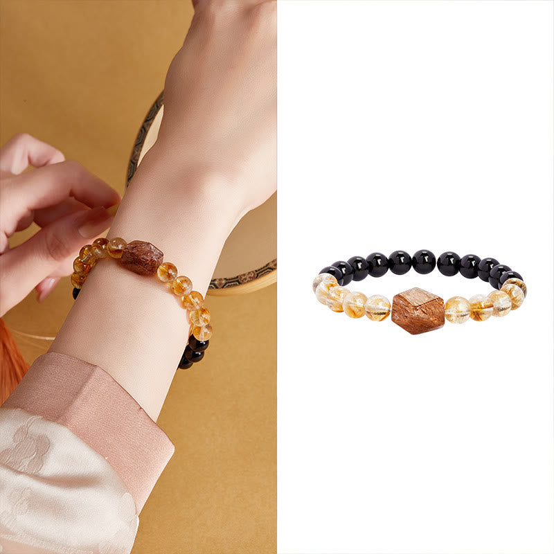 Buddha Stones Armband mit natürlicher schwarzer Obsidian- und Citrin-Kristallstärke „Super Seven“