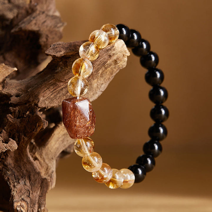 Buddha Stones Armband mit natürlicher schwarzer Obsidian- und Citrin-Kristallstärke „Super Seven“