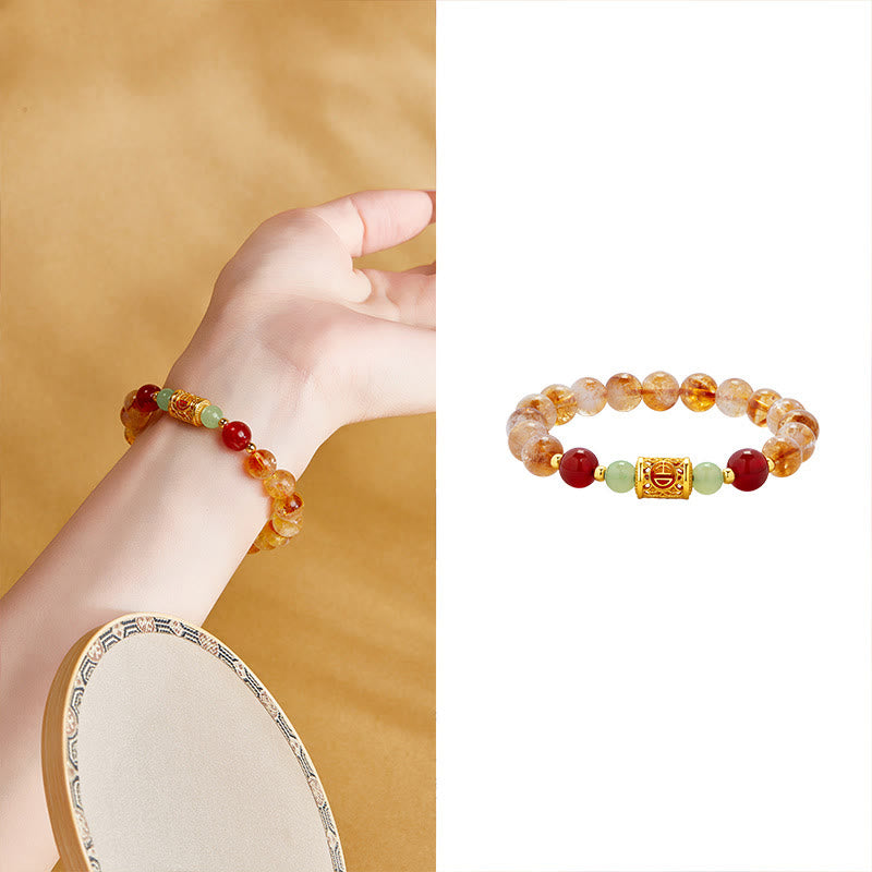 Buddha Stones 999 Sterling Silber Natürlicher Citrin Roter Achat Hetian Jade Perlen Schutzarmband