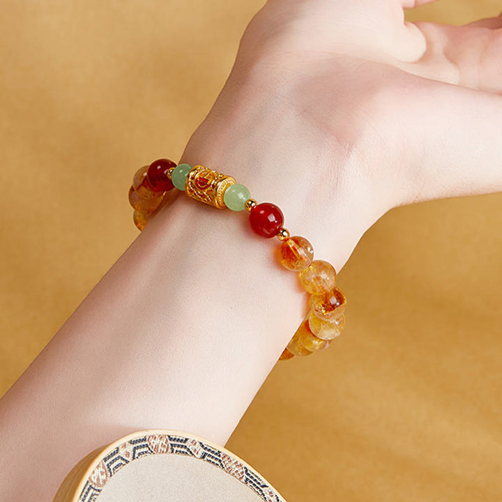 Buddha Stones 999 Sterling Silber Natürlicher Citrin Roter Achat Hetian Jade Perlen Schutzarmband