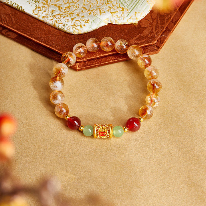 Buddha Stones 999 Sterling Silber Natürlicher Citrin Roter Achat Hetian Jade Perlen Schutzarmband