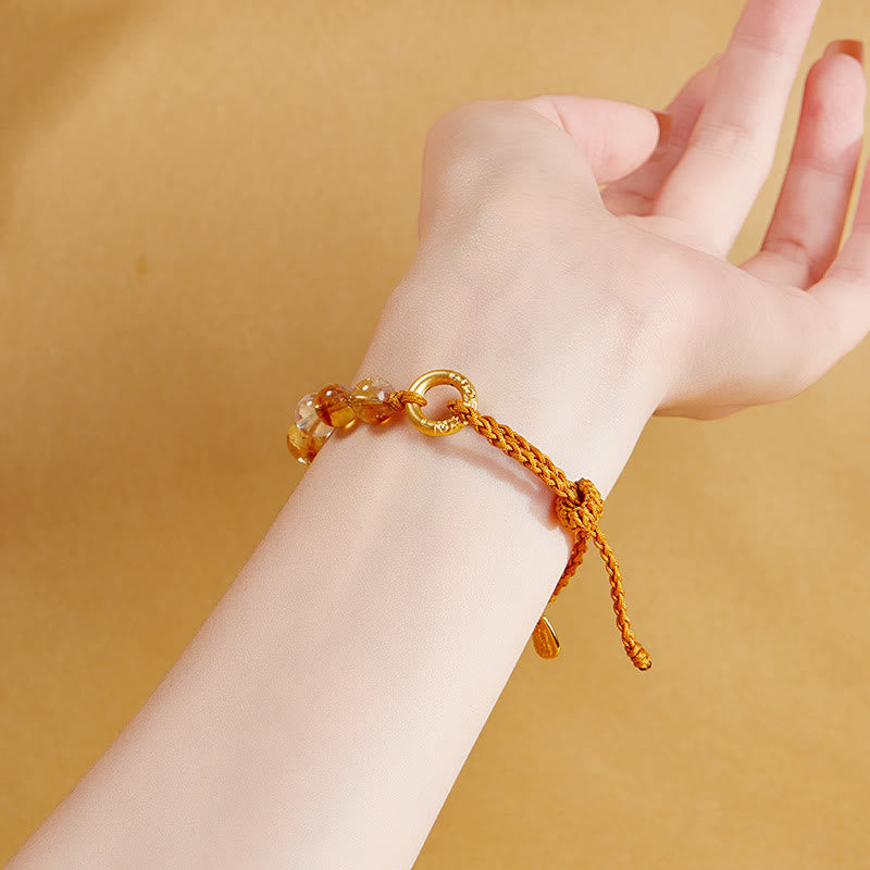Buddha Stones 925 Sterling Silber Natürlicher Citrin Weißer Kristall Peace Schnalle Bedeutung Fu Charakter Schutz Geflochtenes Schnurarmband