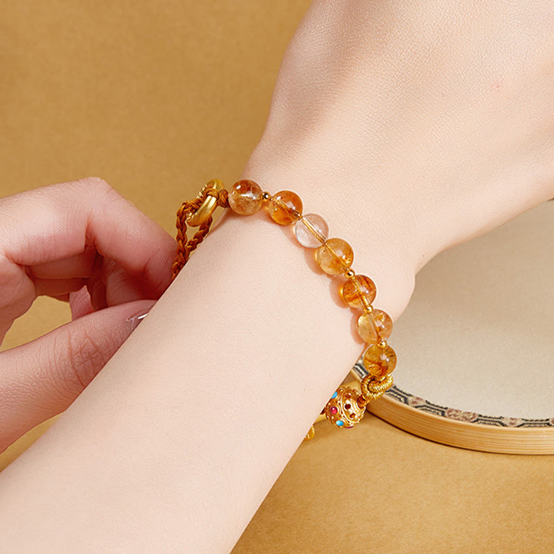 Buddha Stones 925 Sterling Silber Natürlicher Citrin Weißer Kristall Peace Schnalle Bedeutung Fu Charakter Schutz Geflochtenes Schnurarmband