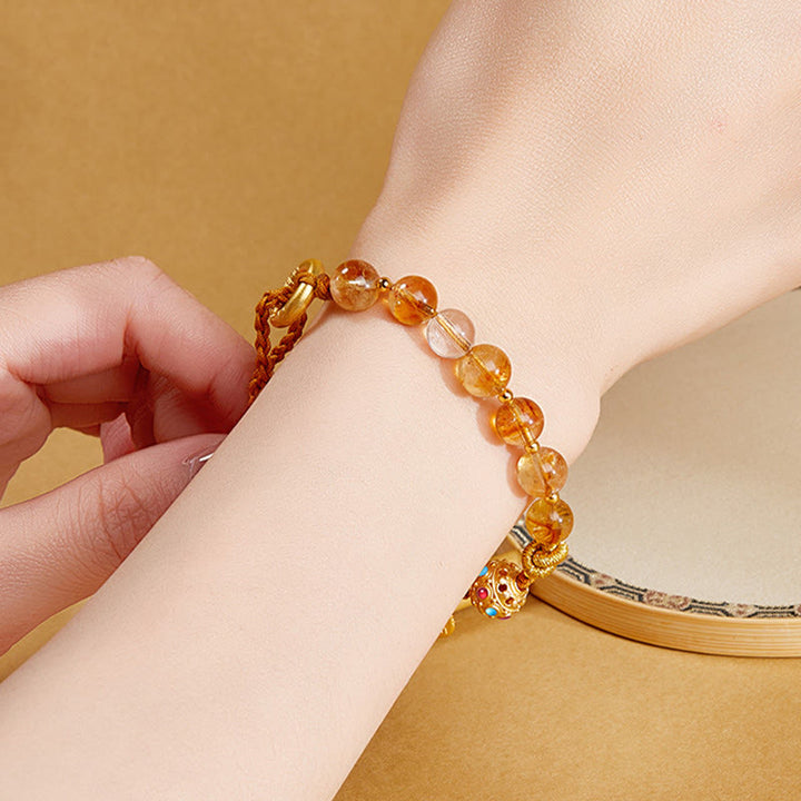Buddha Stones 925 Sterling Silber Natürlicher Citrin Weißer Kristall Peace Schnalle Bedeutung Fu Charakter Schutz Geflochtenes Schnurarmband