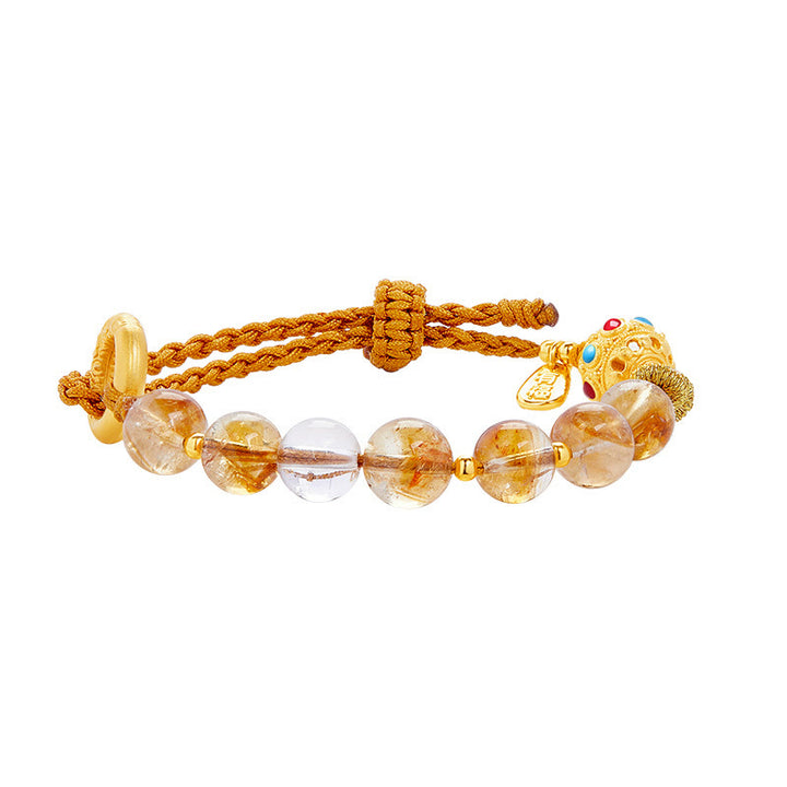 Buddha Stones 925 Sterling Silber Natürlicher Citrin Weißer Kristall Peace Schnalle Bedeutung Fu Charakter Schutz Geflochtenes Schnurarmband