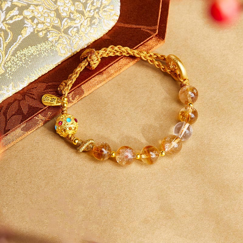 Buddha Stones 925 Sterling Silber Natürlicher Citrin Weißer Kristall Peace Schnalle Bedeutung Fu Charakter Schutz Geflochtenes Schnurarmband