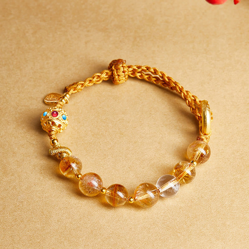 Buddha Stones 925 Sterling Silber Natürlicher Citrin Weißer Kristall Peace Schnalle Bedeutung Fu Charakter Schutz Geflochtenes Schnurarmband