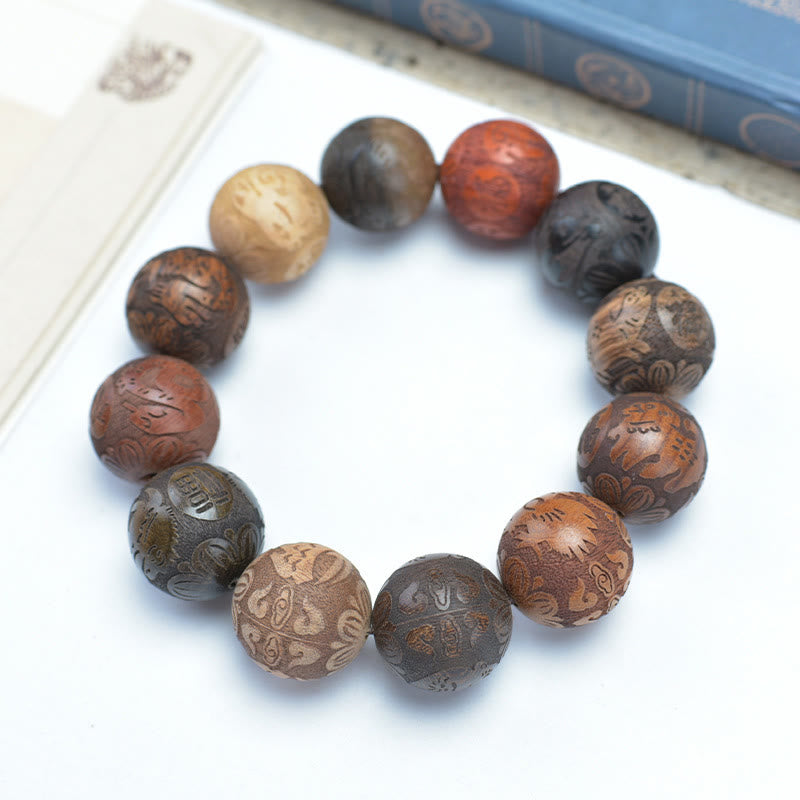 Buddha Stones, die Sandelholz schnitzen, chinesisches Sternzeichen, glückverheißender Drache, Phönix, Fu-Charakter, Heilungsarmband